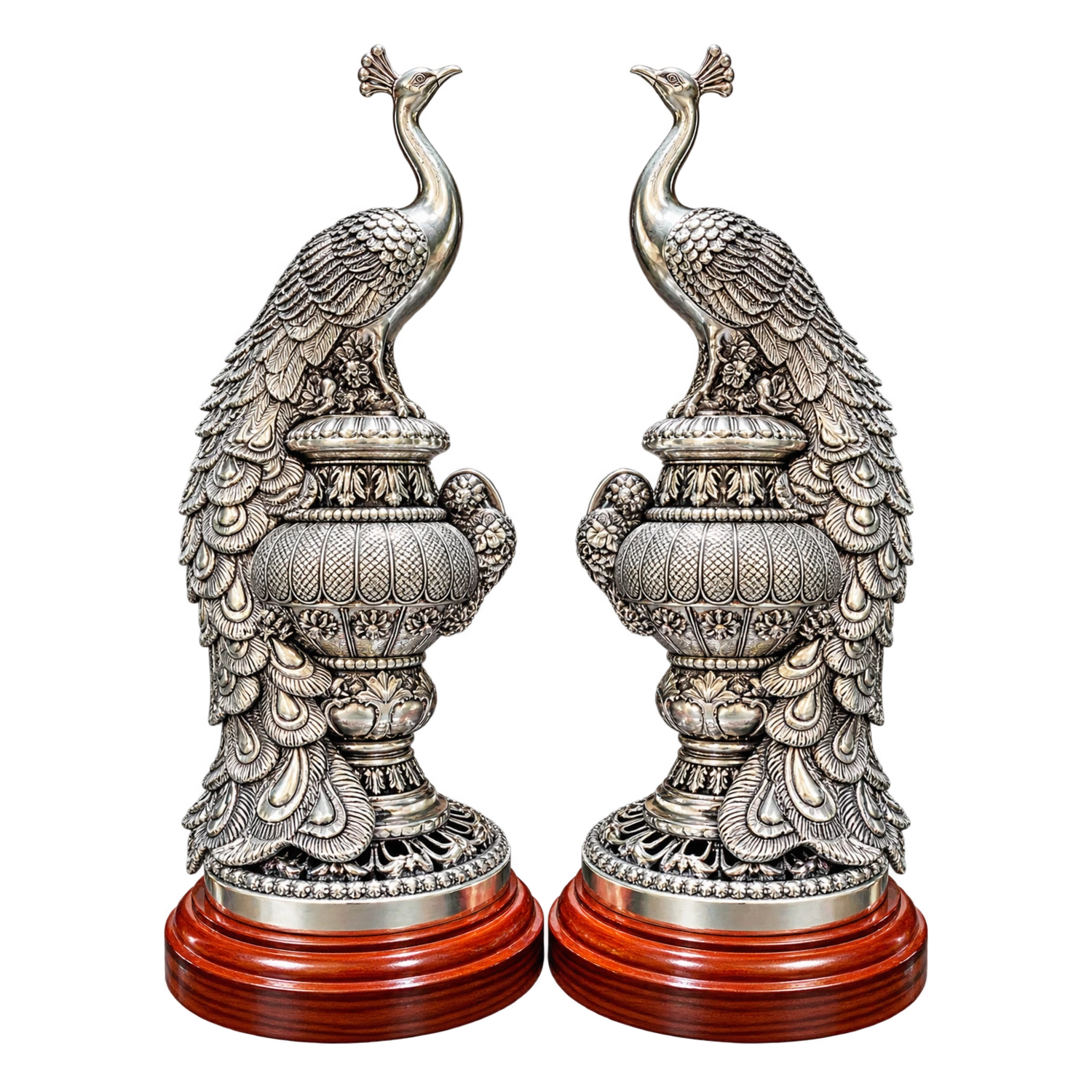 CRESTORA 999 Silver Plated Peacock Pair Premium Showpiece